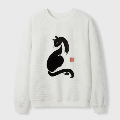Tokyo-Tiger Elegant Black Cat Japan Waffle Sweatshirt