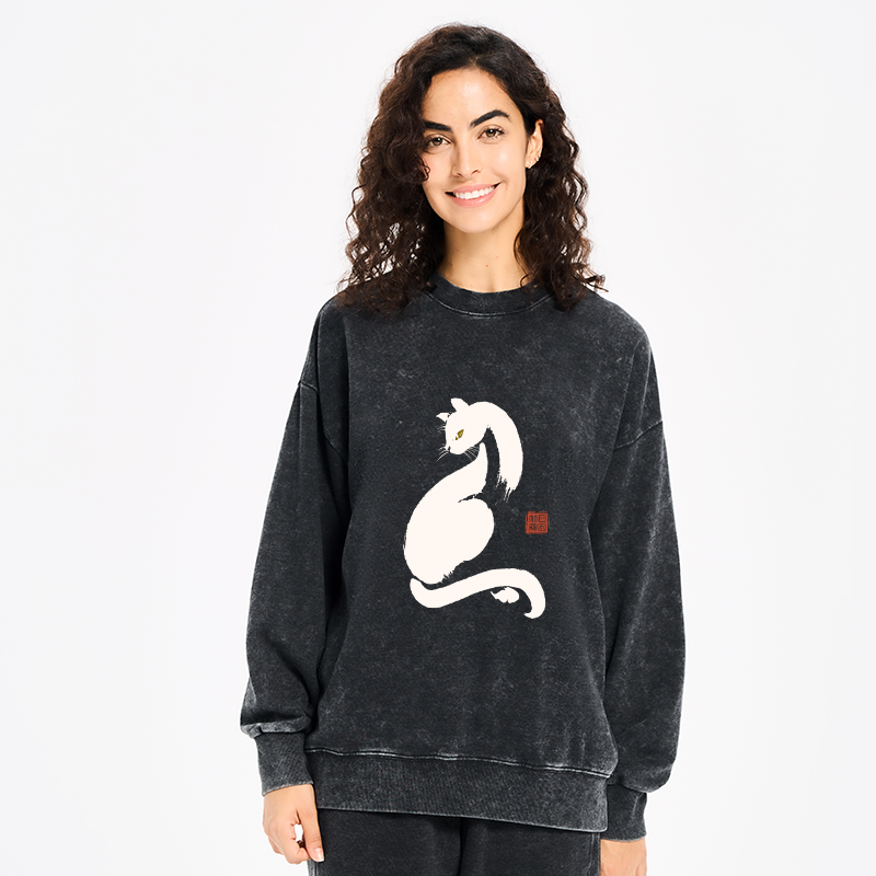 Tokyo-Tiger Elegant Black Cat Japan Washed Sweatshirt