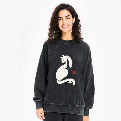 Tokyo-Tiger Elegant Black Cat Japan Washed Sweatshirt