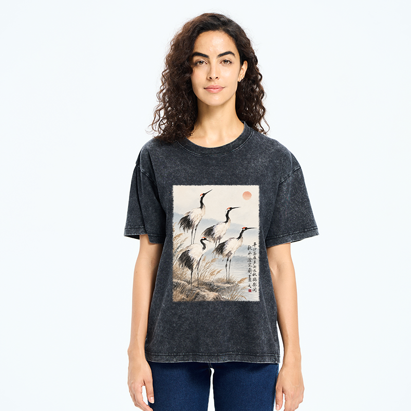 Tokyo-Tiger Vintage Oriental Crane Art Washed T-Shirt