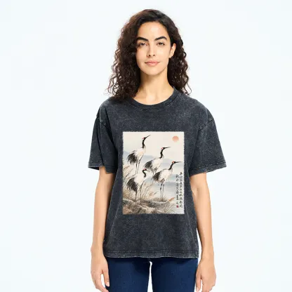 Tokyo-Tiger Vintage Oriental Crane Art Washed T-Shirt