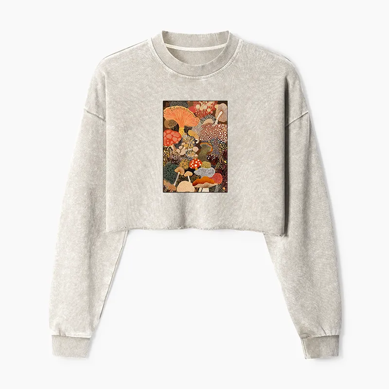 Tokyo-Tiger Psychedelic Mushroom Paintings Washed Crop Sweatshirt