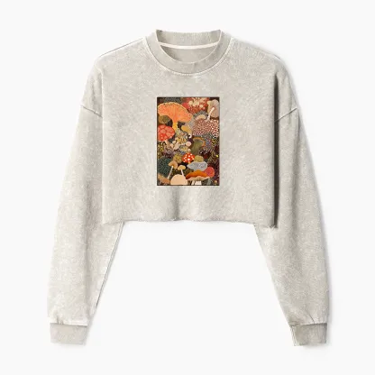 Tokyo-Tiger Psychedelic Mushroom Paintings Washed Crop Sweatshirt