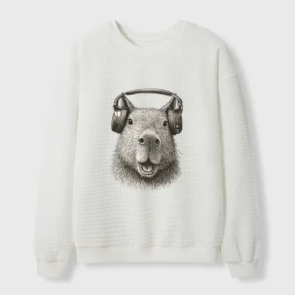 Tokyo-Tiger Capybara Listening To Music Waffle Sweatshirt