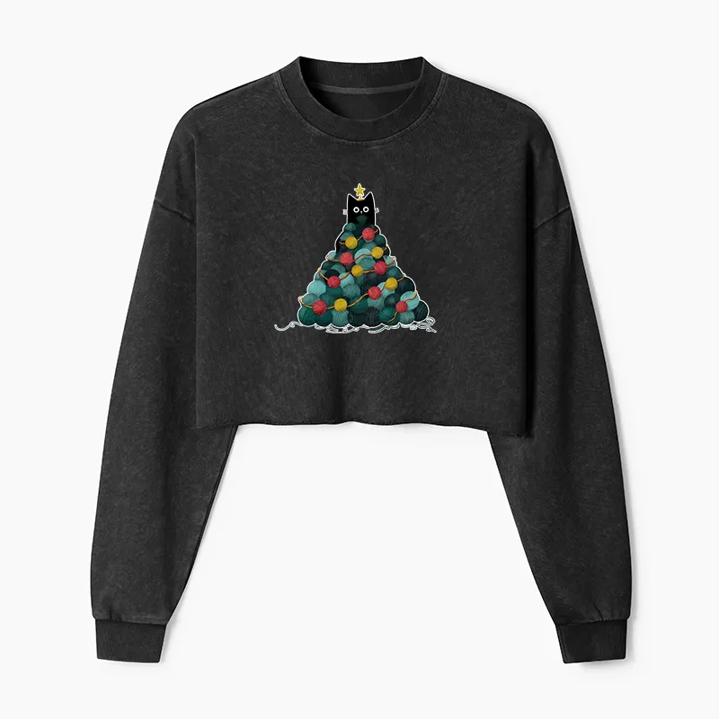 Tokyo-Tiger Yarn Christmas Tree Cat Washed Crop Sweatshirt