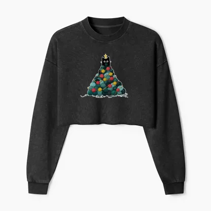 Tokyo-Tiger Yarn Christmas Tree Cat Washed Crop Sweatshirt
