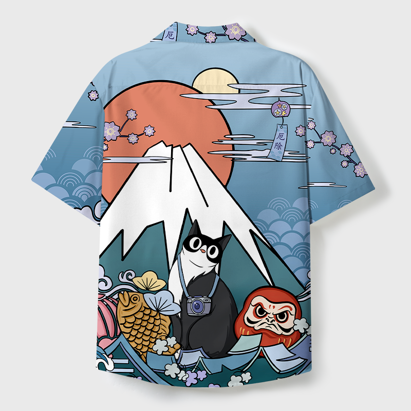 Tokyo-Tiger Mount Fuji Landscape With Cat Cuban Collar Shirt