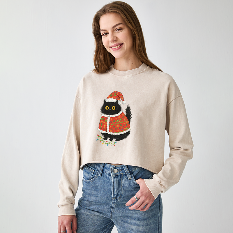 Tokyo-Tiger Cat Wearing Santa Hat Washed Crop Sweatshirt