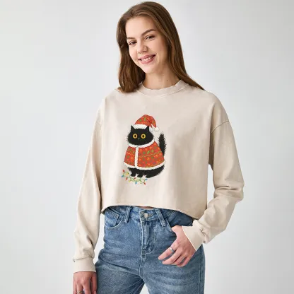 Tokyo-Tiger Cat Wearing Santa Hat Washed Crop Sweatshirt