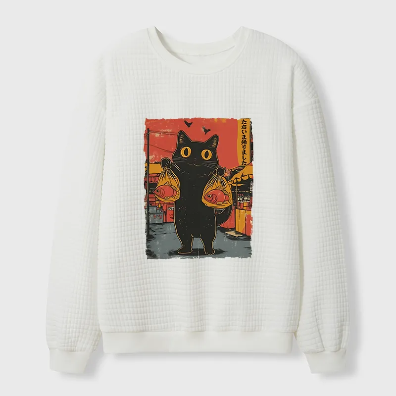 Tokyo-Tiger Cat Fishing Japanese Waffle Sweatshirt