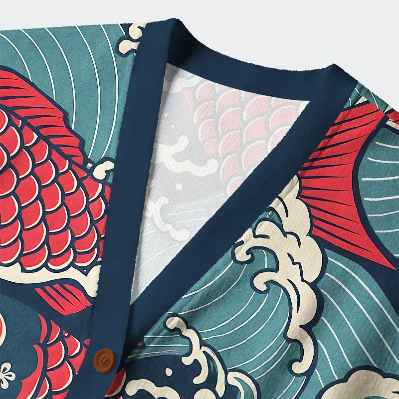 Tokyo-Tiger Koi Wave Ugly Cardigan Sweater