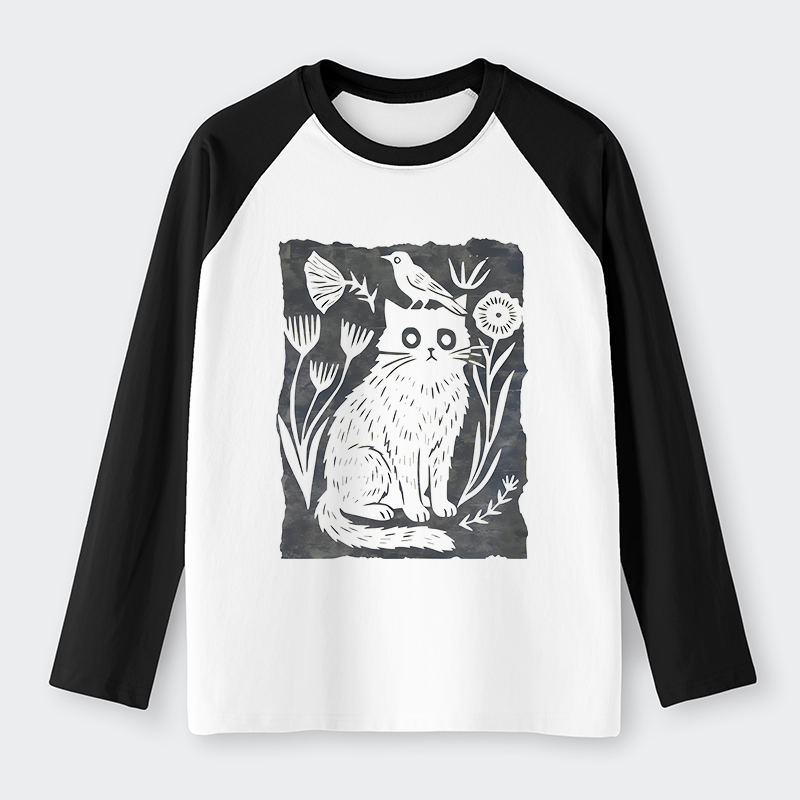 Tokyo-Tiger Folk Paper Cut Cat Bird Floral Art Raglan Long Sleeve T-shirt