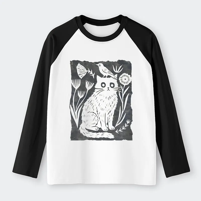 Tokyo-Tiger Folk Paper Cut Cat Bird Floral Art Raglan Long Sleeve T-shirt