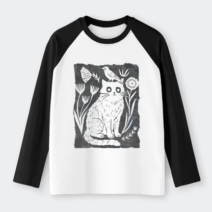 Tokyo-Tiger Folk Paper Cut Cat Bird Floral Art Raglan Long Sleeve T-shirt