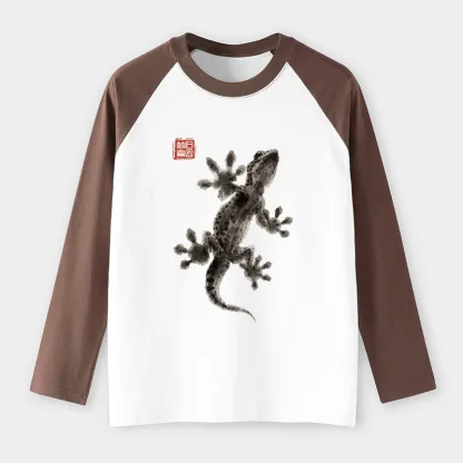 Tokyo-Tiger Minimal Asian Ink Brush Gecko Vibe Raglan Long Sleeve T-shirt