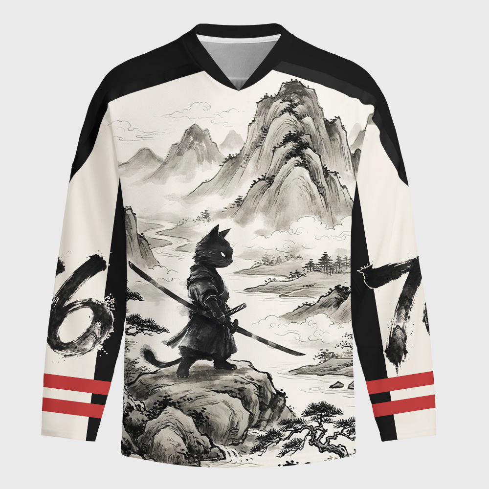Tokyo-Tiger Samurai Cat Mountains Long-Sleeve Hockey Jersey