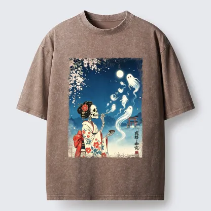Tokyo-Tiger Moon Skeleton Ghost Washed T-Shirt
