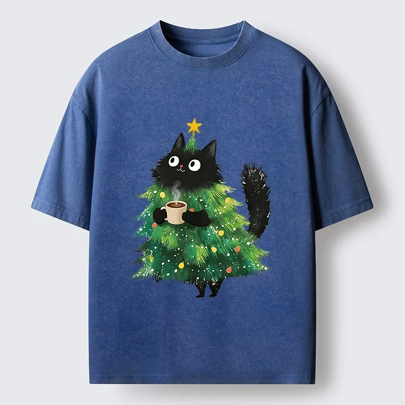 Tokyo‑Tiger Coffee Christmas Cat Washed T‑Shirt