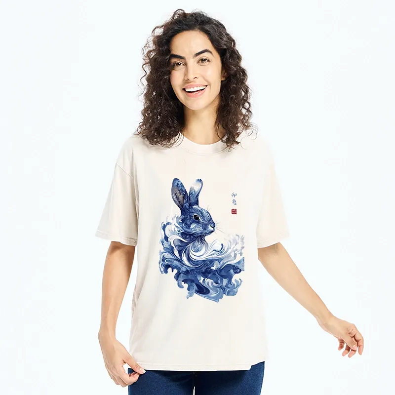 Tokyo-Tiger Blue And White Rabbit Art Washed T-Shirt