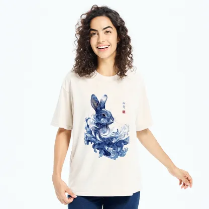 Tokyo-Tiger Blue And White Rabbit Art Washed T-Shirt