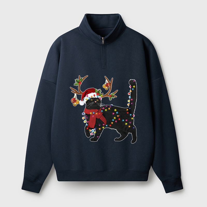 Tokyo-Tiger Christmas Black Cat Half Zip Fleece Sweatshirt
