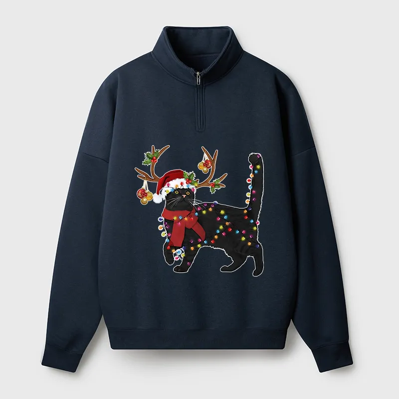 Tokyo-Tiger Christmas Black Cat Half Zip Fleece Sweatshirt