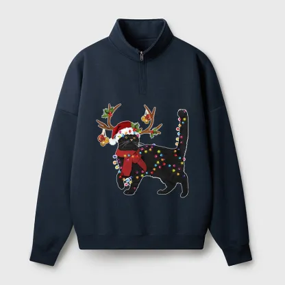 Tokyo-Tiger Christmas Black Cat Half Zip Fleece Sweatshirt