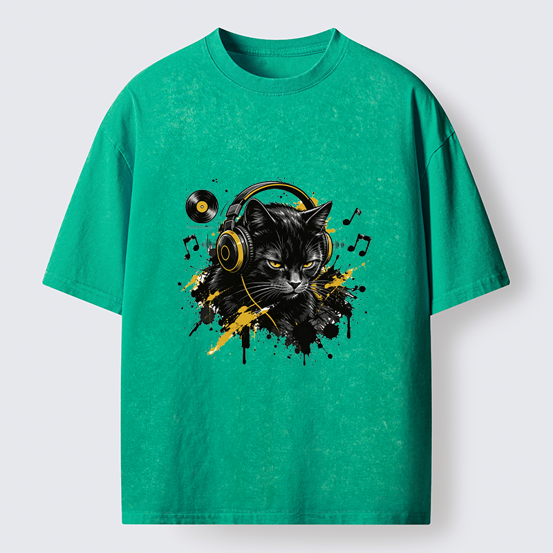 Tokyo-Tiger Black Cat Music Lover Washed T-Shirt