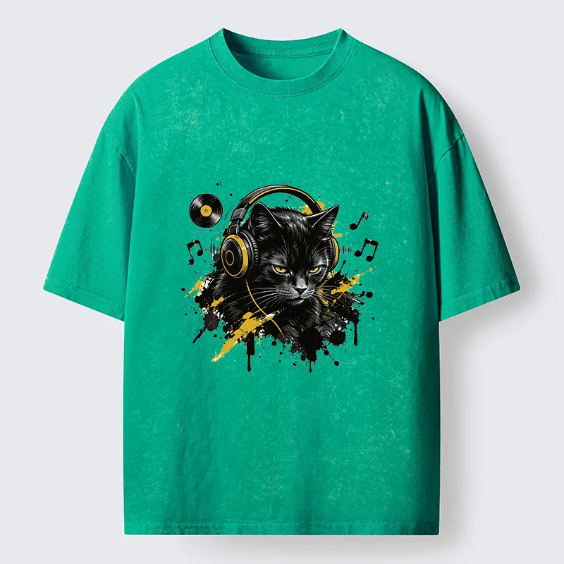 Tokyo-Tiger Black Cat Music Lover Washed T-Shirt