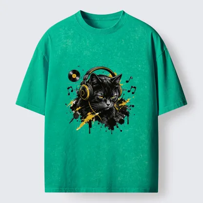 Tokyo-Tiger Black Cat Music Lover Washed T-Shirt