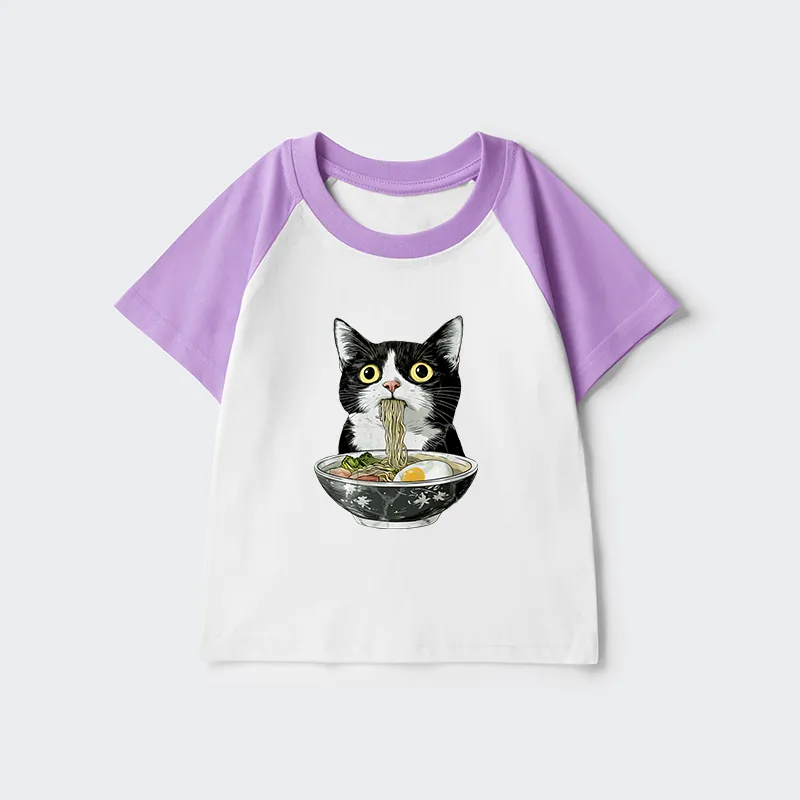 Tokyo-Tiger Cute Cat Eating Japan Ramen Kids Raglan T-shirt