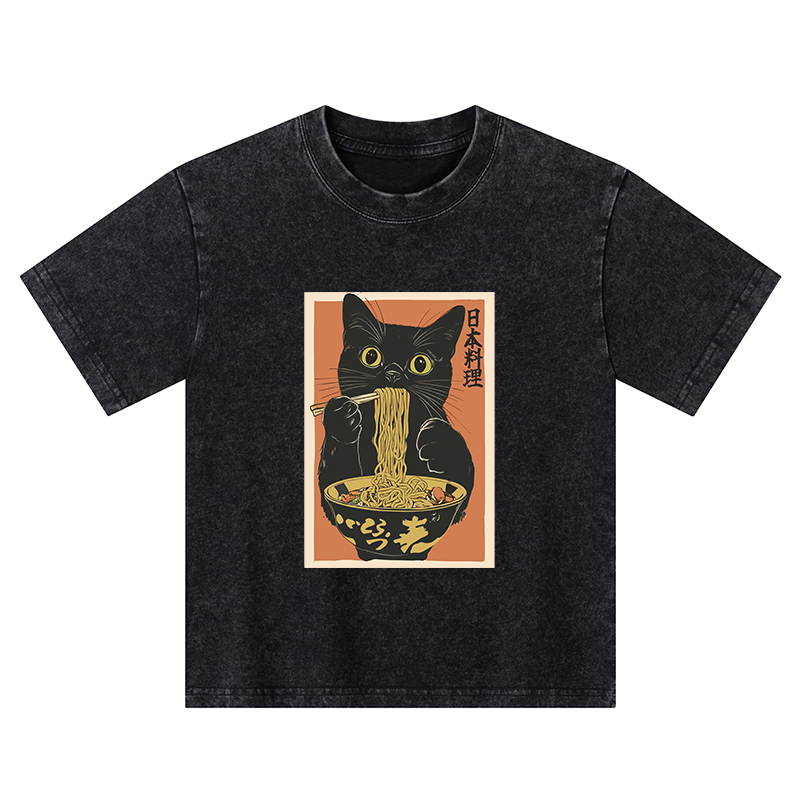 Tokyo-Tiger Black Cat Eats Japan Ramen Kids Washed T-Shirt