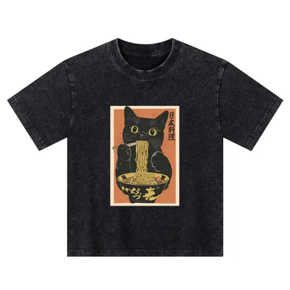 Tokyo-Tiger Black Cat Eats Japan Ramen Kids Washed T-Shirt