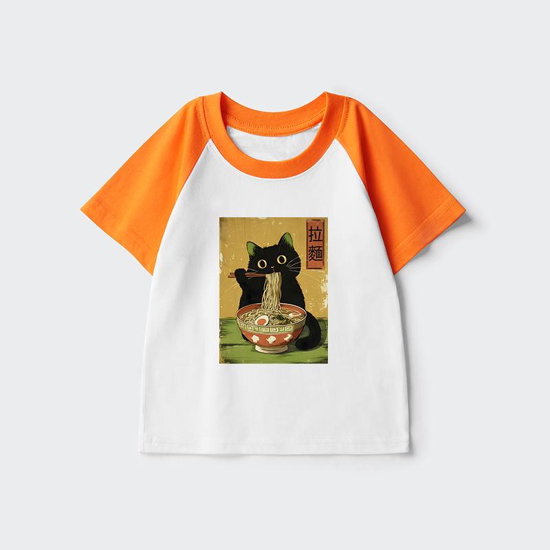 Tokyo-Tiger Vintage Japanese Cat Eating Ramen Kids Raglan T-shirt