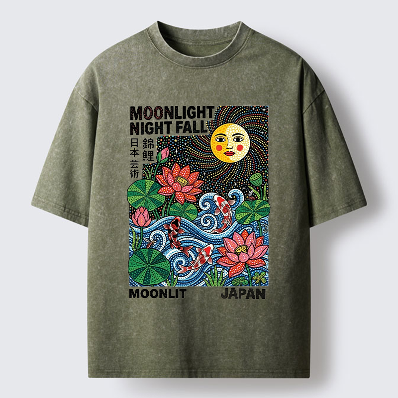 Tokyo-Tiger Japanese Koi Lotus Pond Art Washed T-Shirt
