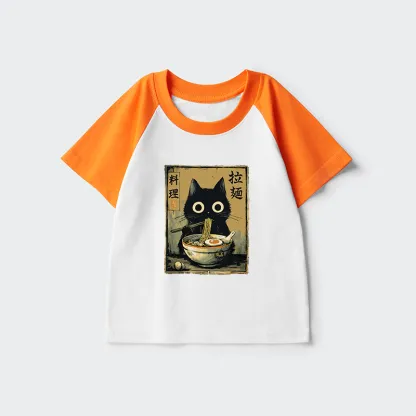 Tokyo-Tiger Cute Black Cat Eating Ramen Japan Kids Raglan T-shirt