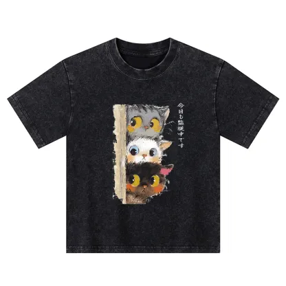 Tokyo-Tiger Three Cats Secretly Monitor Their Owner Kids Washed T-Shirt