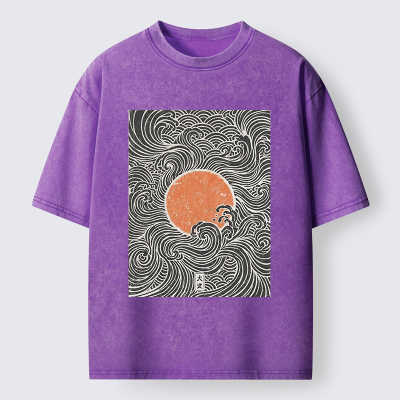 Tokyo-Tiger Ukiyo-e Sun And Waves Washed T-Shirt