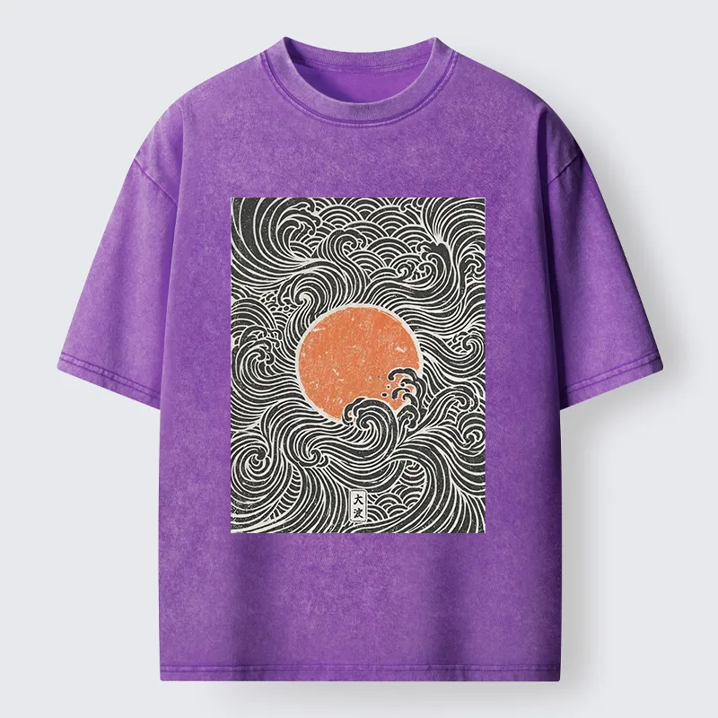 Tokyo-Tiger Ukiyo-e Sun And Waves Washed T-Shirt