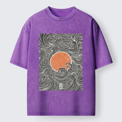 Tokyo-Tiger Ukiyo-e Sun And Waves Washed T-Shirt