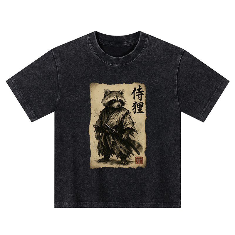 Tokyo-Tiger Retro Raccoon Samurai Kids Washed T-Shirt