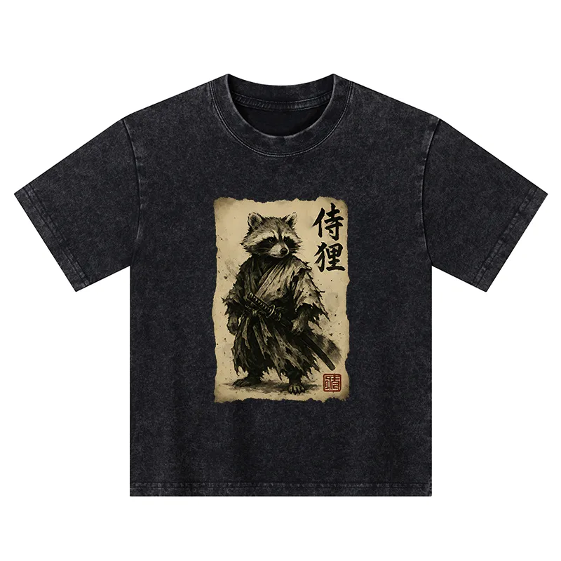 Tokyo-Tiger Retro Raccoon Samurai Kids Washed T-Shirt
