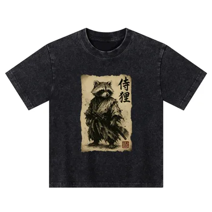 Tokyo-Tiger Retro Raccoon Samurai Kids Washed T-Shirt