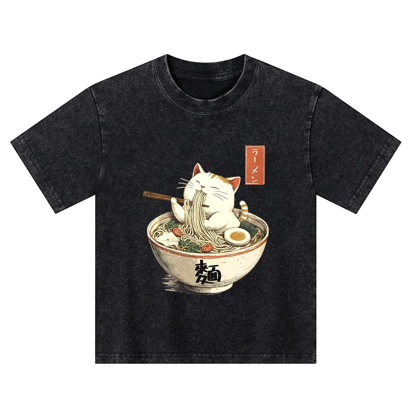 Tokyo-Tiger White Cat Eating Ramen Japan Kids Washed T-Shirt