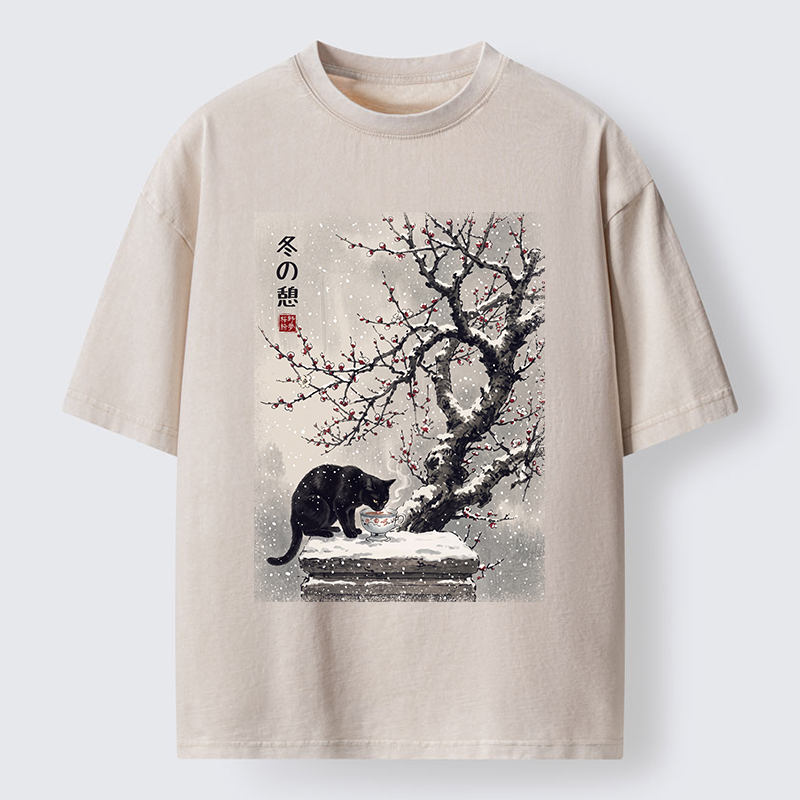 Tokyo‑Tiger Snow Cat Calm Vibes Washed T-Shirt