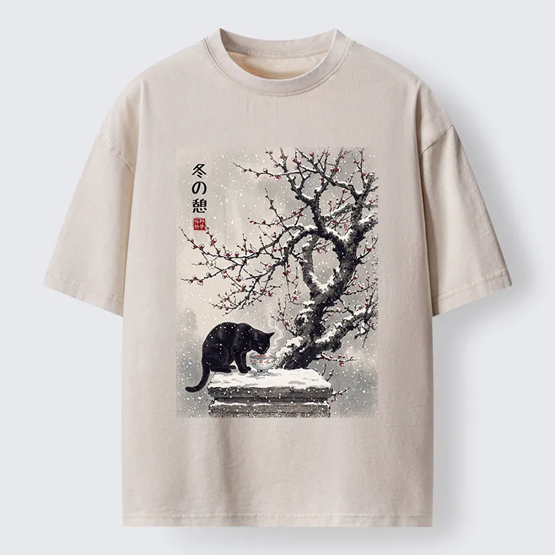 Tokyo‑Tiger Snow Cat Calm Vibes Washed T-Shirt