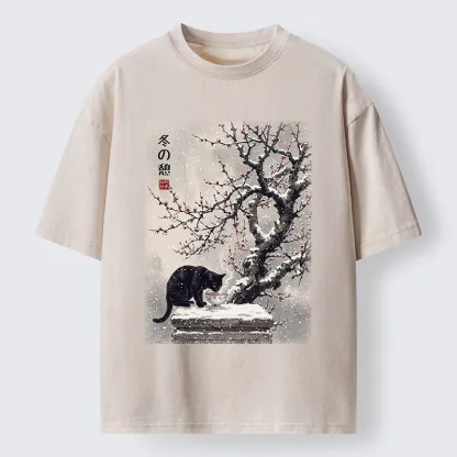 Tokyo‑Tiger Snow Cat Calm Vibes Washed T-Shirt