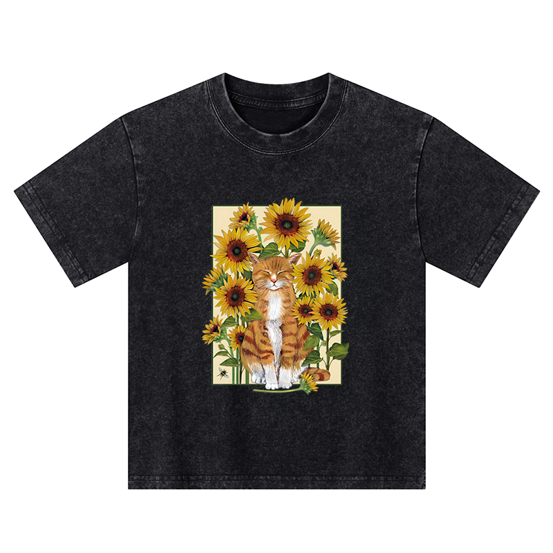 Tokyo-Tiger Sunflower And Orange Cat Kids Washed T-Shirt