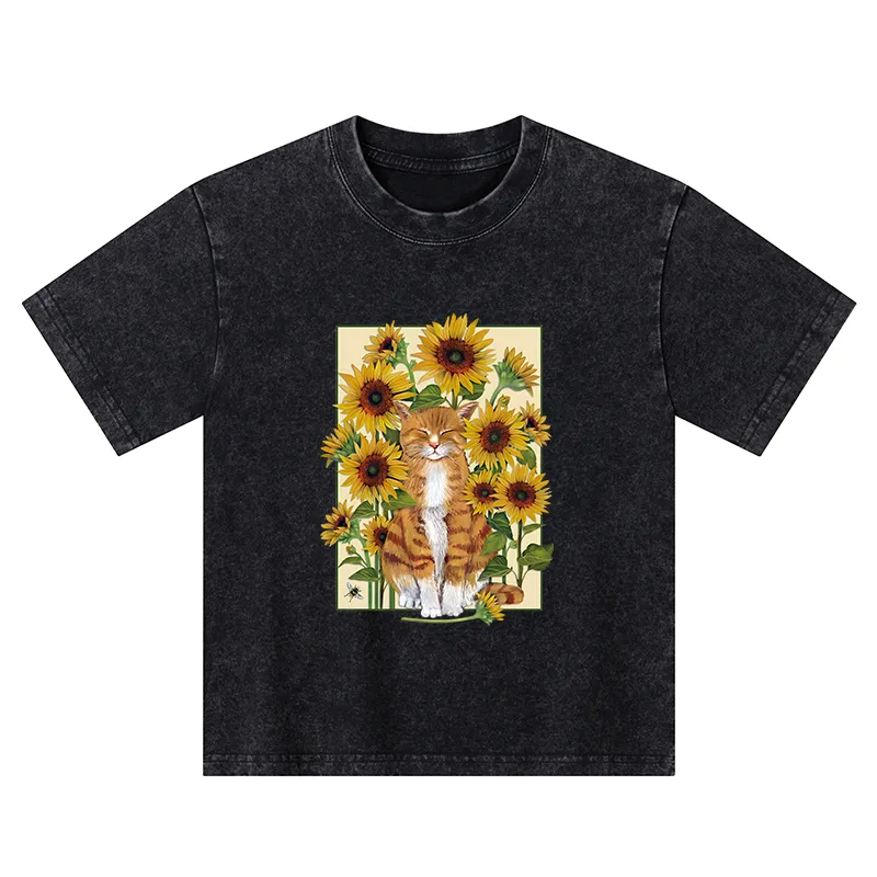 Tokyo-Tiger Sunflower And Orange Cat Kids Washed T-Shirt