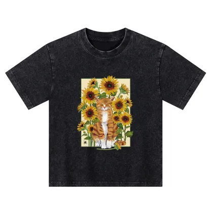 Tokyo-Tiger Sunflower And Orange Cat Kids Washed T-Shirt